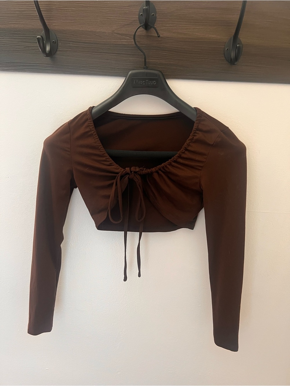 Brown Long Sleeve Drawstring Crop Top